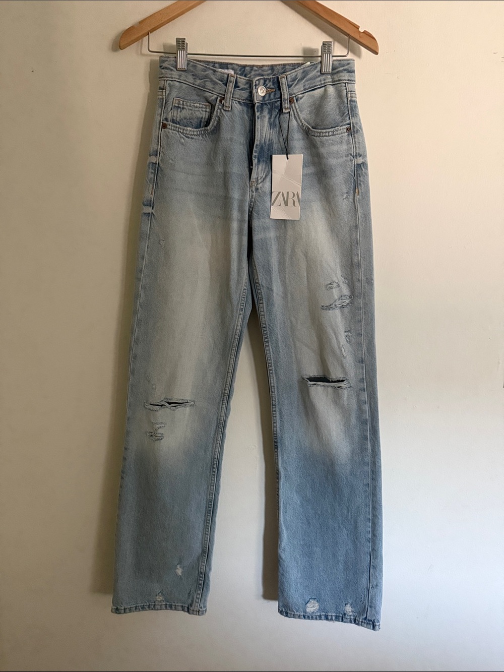 Zara Light Blue Distressed Straight Jeans